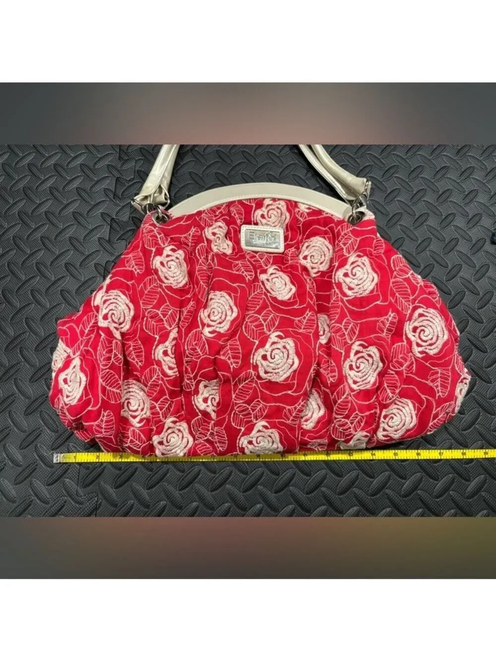 577. Beijo Red Floral Fabric With Patent Leather Trim Handbag